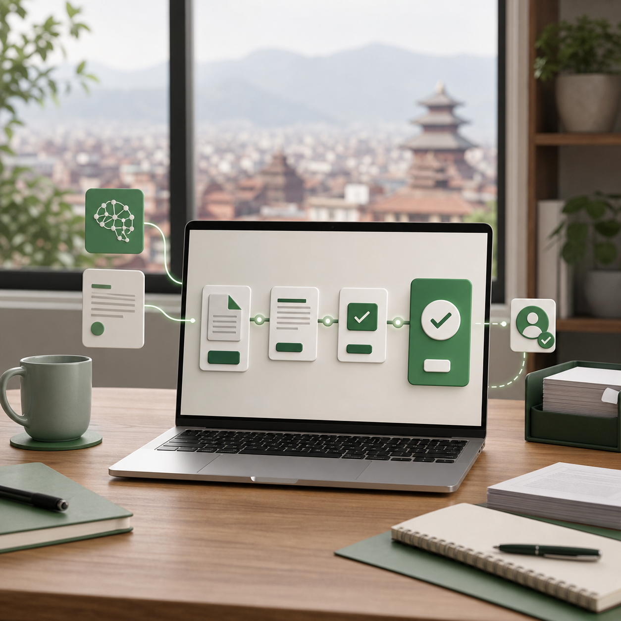 AI workflow dashboard on a laptop